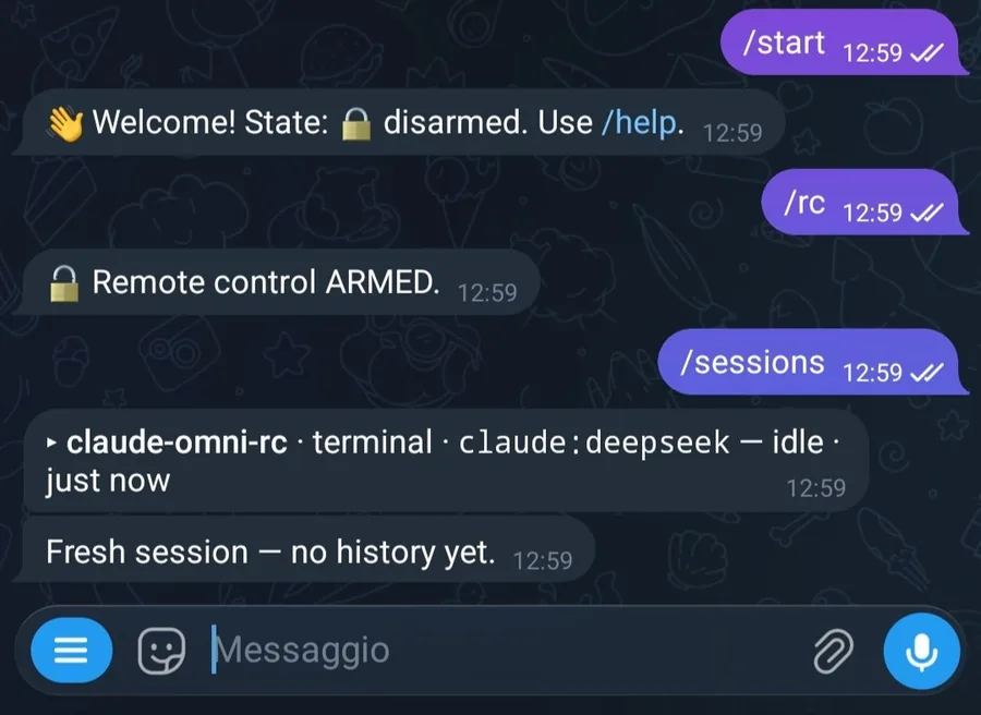 Telegram chat: /start replies “Welcome! State: disarmed”, /rc replies “Remote control ARMED”, and /sessions lists the running claude:deepseek terminal session.