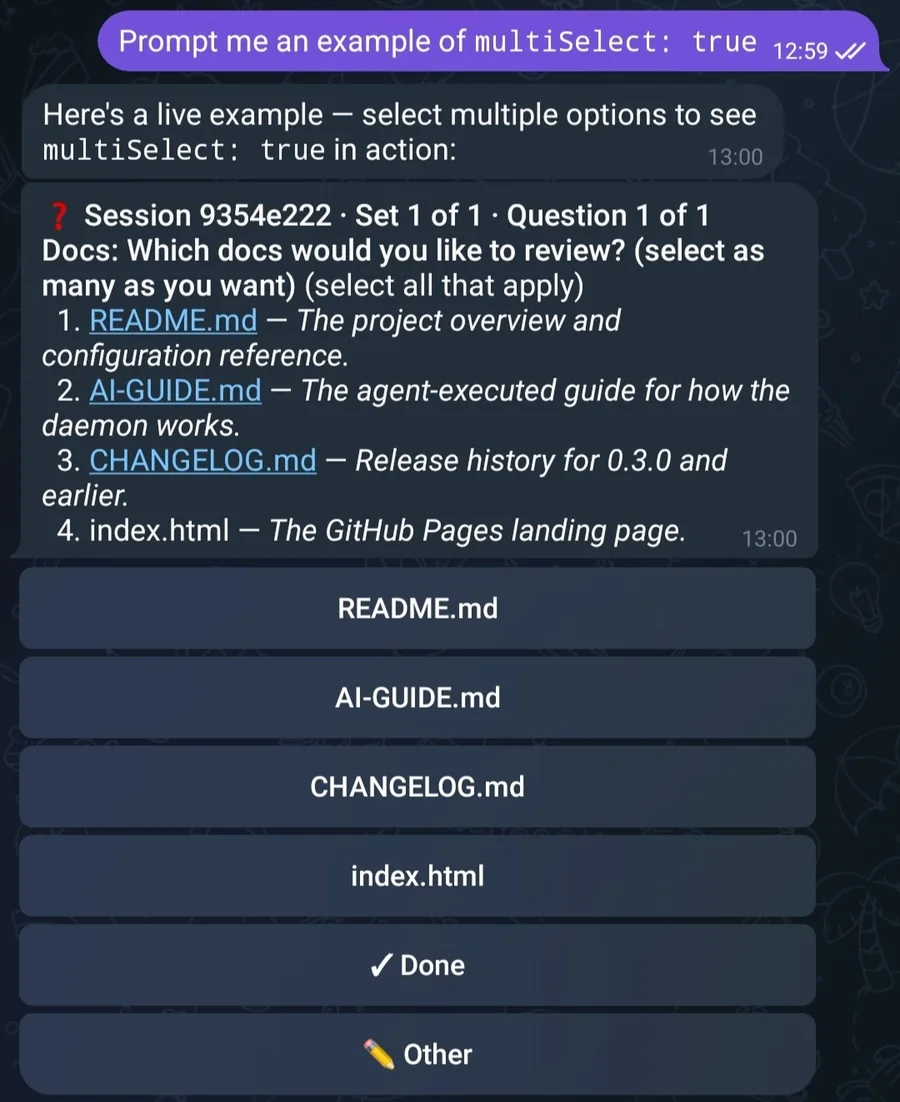 Telegram chat: a ❓ multiple-choice question from the session, with one button per option plus ✓ Done and ✏️ Other.