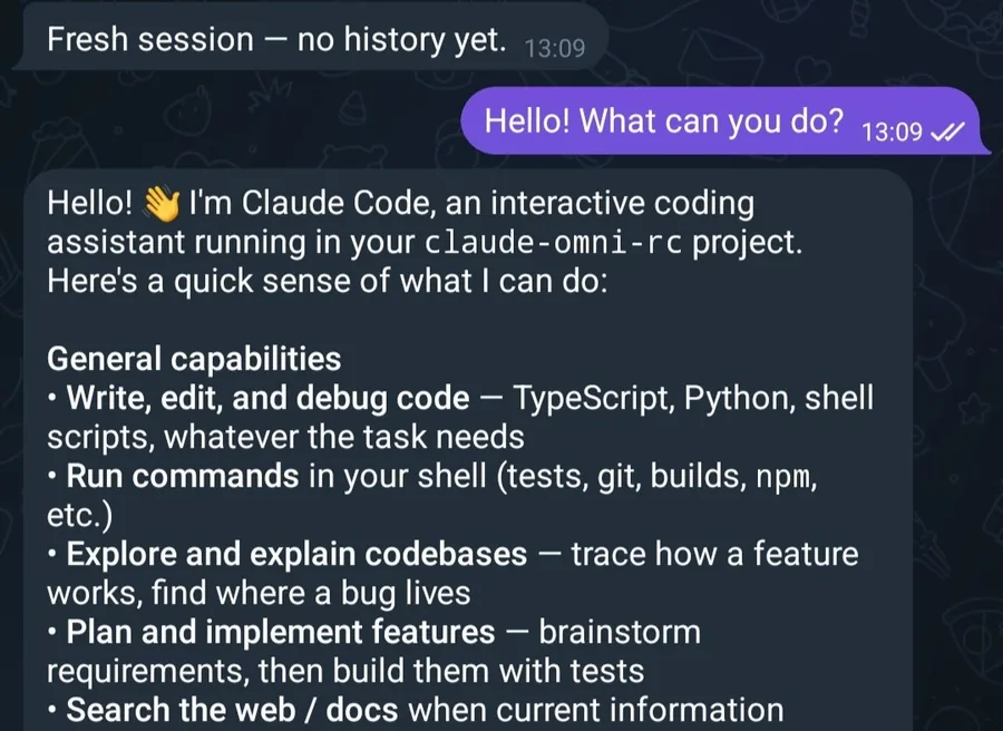 Telegram chat: a message sent to the selected session is answered by Claude Code running on the machine at home.